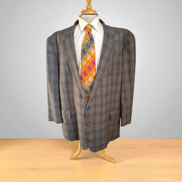Geoffrey Beene Blazer Jacket Men Sz 62R Big & Tall Gray Plaid Sport Coat - Picture 1 of 11